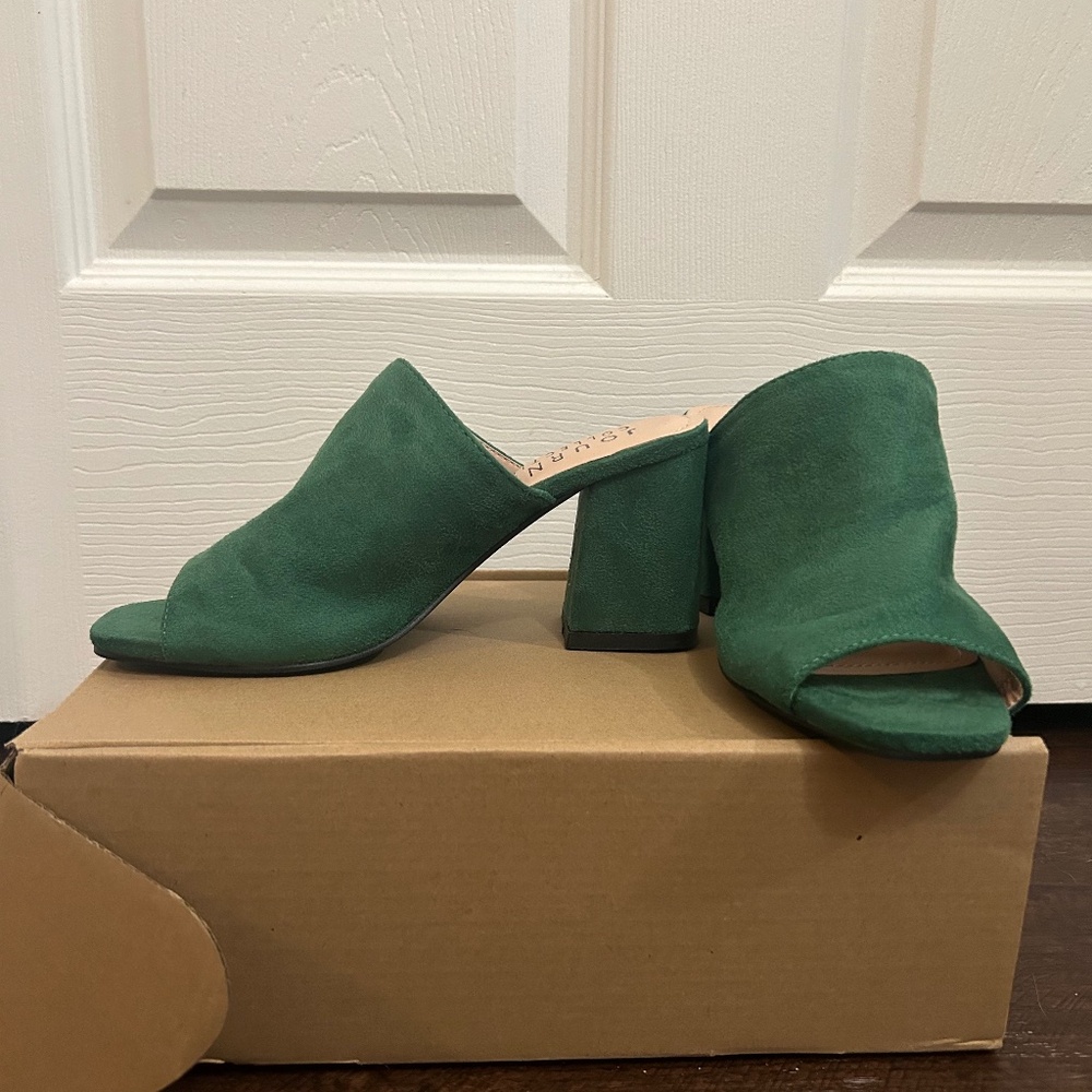 Journee Collection Green Suede Open-Toe Block Heels
